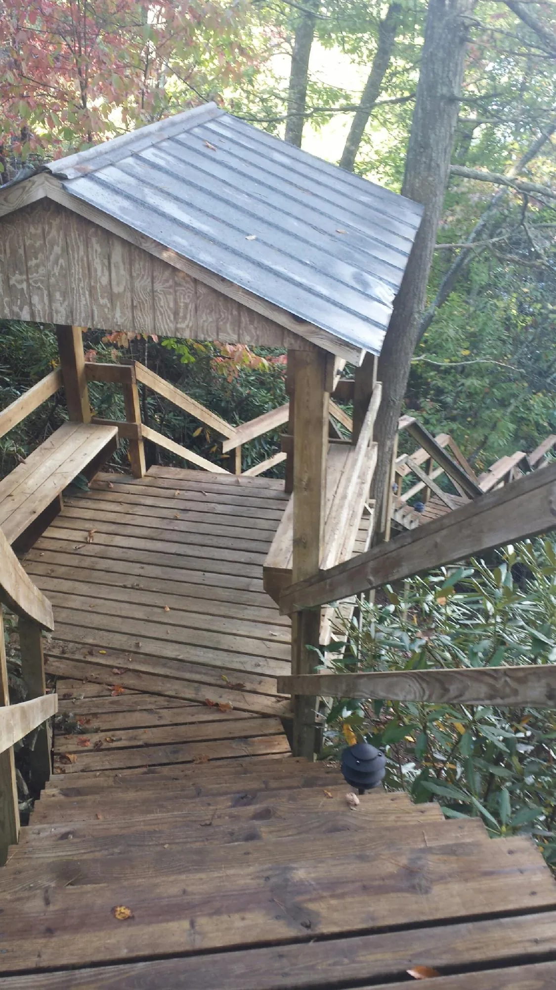 Metal roofed shelter over wooden steps on a wooded walkway — Skylight Repair & Installation work by our crew in Creswell